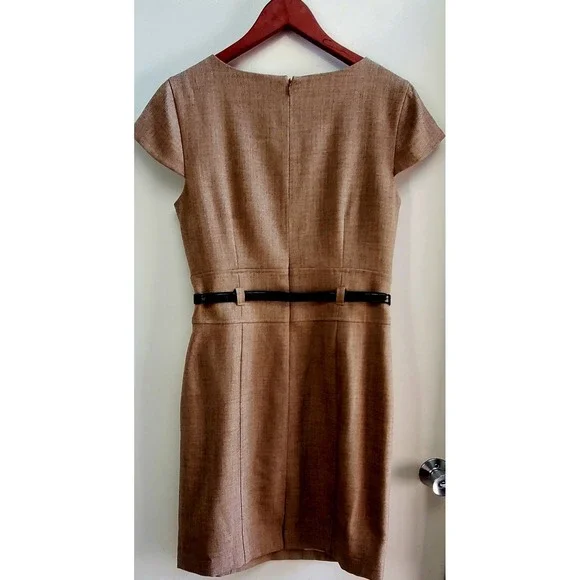 Jessica Howard Dress 12 Brown Belt Cap Sleeve Tweed Tan/Brown Sheath Poly Lined - Picture 5 of 13